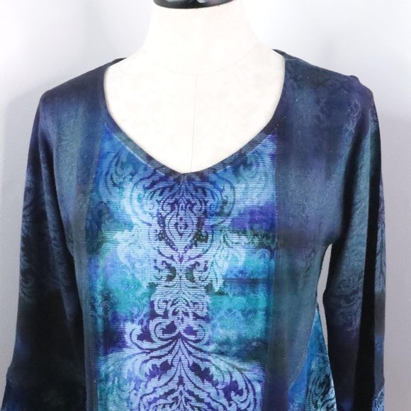 One World Women's M Blue Multi Ornate Velour Knit Asymmetrical Tunic Top - Picture 4 of 10